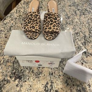 Manolo Blahnik Tan and Black Leopard Mules